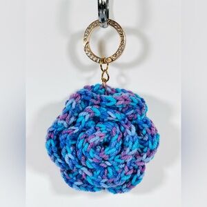 Purple Ombre Crochet Flower Bag Charm Keychain W/Rhinestone Bling Clip Ring
